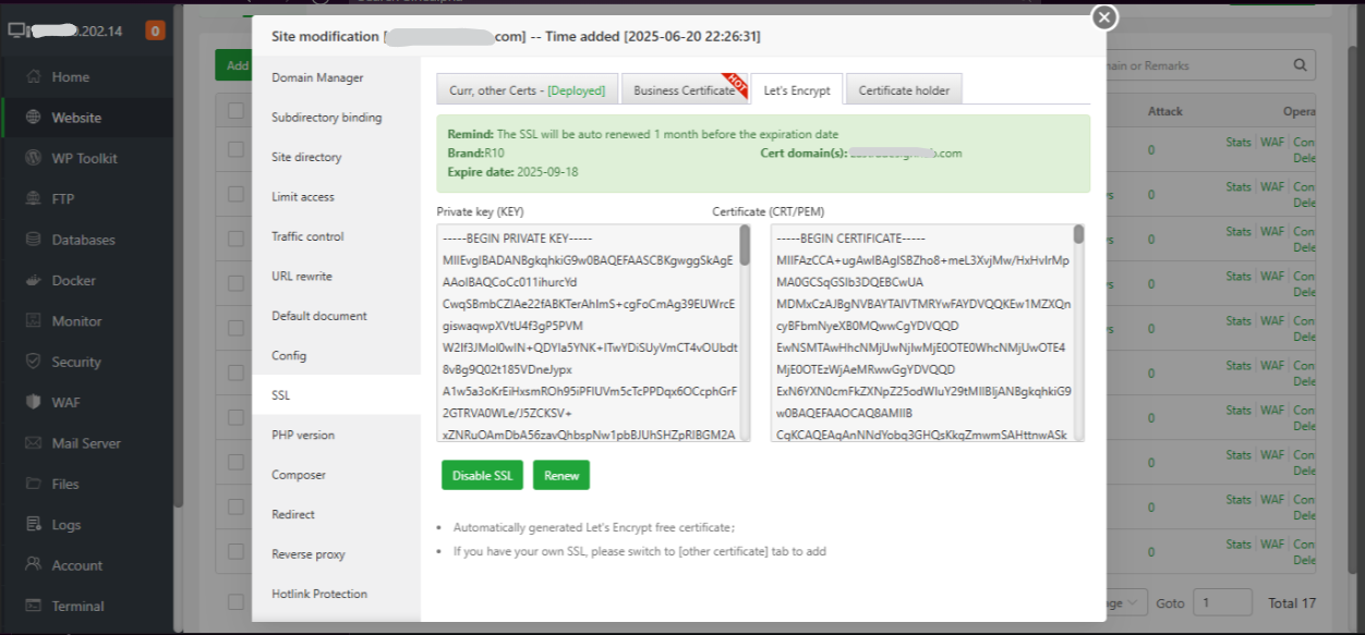 Let's Encrypt SSL Certificate in aaPanel